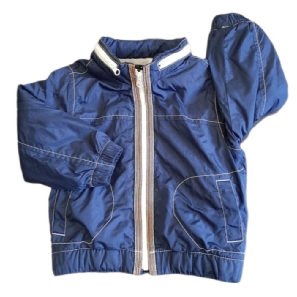 Old Navy Fleece Lined Windbreaker Jacket Retro Style Stowaway Hood Blue